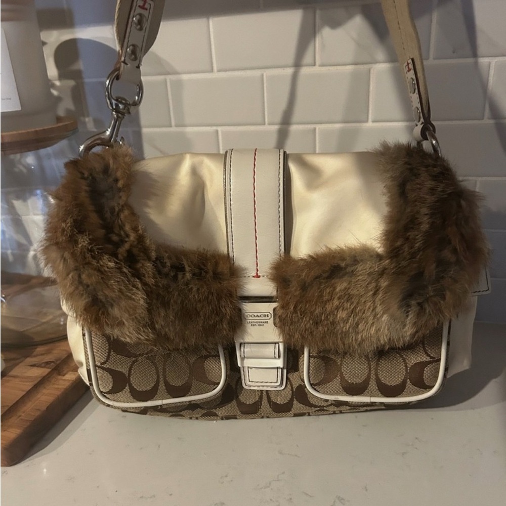 SOLD- Coach Cream and Brown Monogram Shoulder Bag with Fur Trim